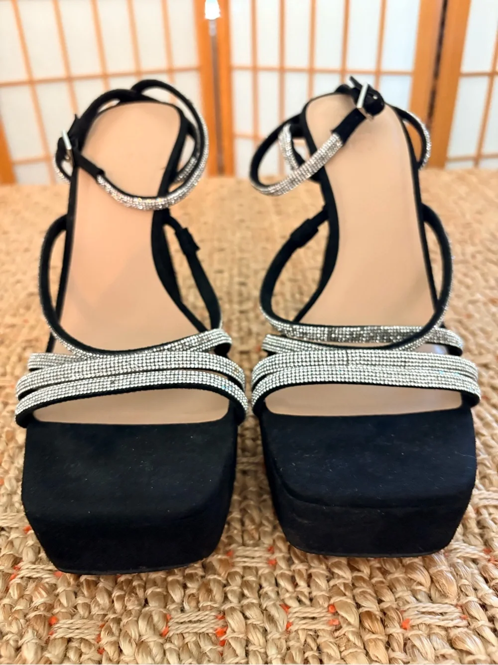 INC International Concepts Black Platform Sandals Silver Rhinestone Straps 9M